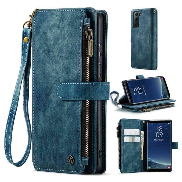 CaseMe Samsung Galaxy S21 etui med lynlås og pung - Blå CaseMe Samsung Galaxy S21 etui med lynlås og pung - Blå