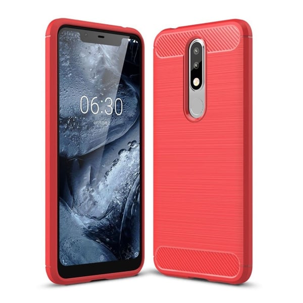 Nokia 5.1 Plus beskyttelsesetui i silikone med børstet overfalde samt carbon tekstur - Rød