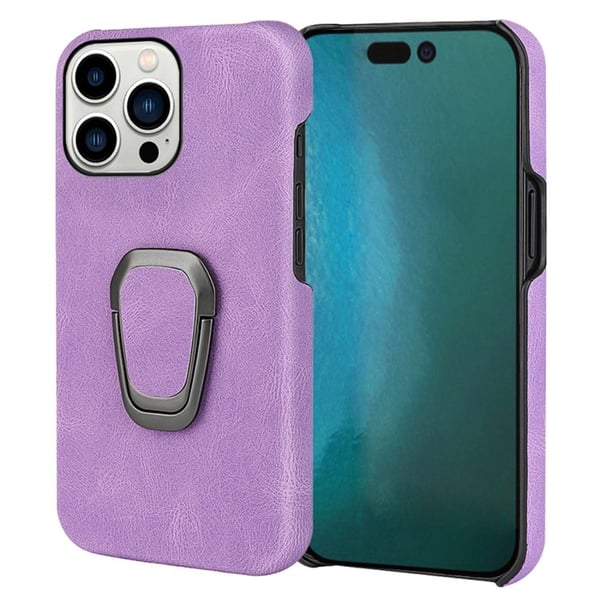 Iskunkestävä nahkasuojus soikealla jalustalla iPhone 14 Pro -puhelimelle - Violetti
