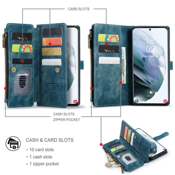 CaseMe telefonetui med glidelås og lommebok for Samsung Galaxy S22 - Blå