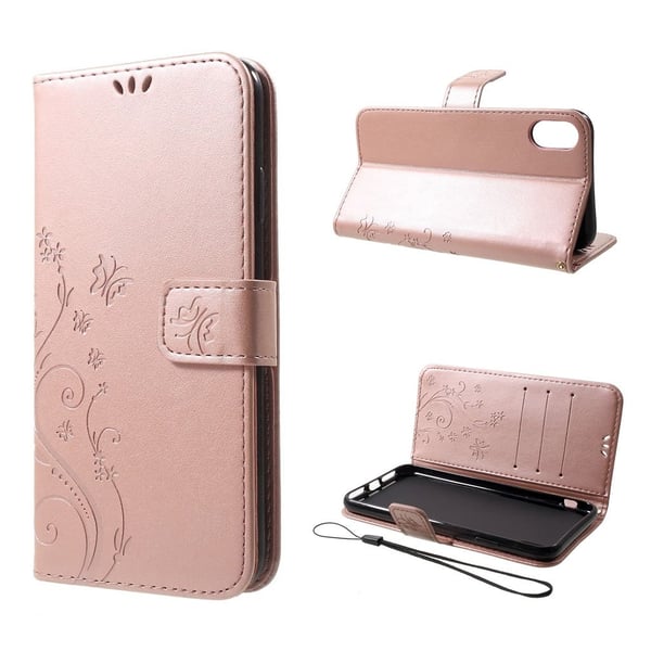 iPhone Xs Max beskyttelses deksel av syntetisk skinn med sommerfugl og blomster avtrykk - rose gull