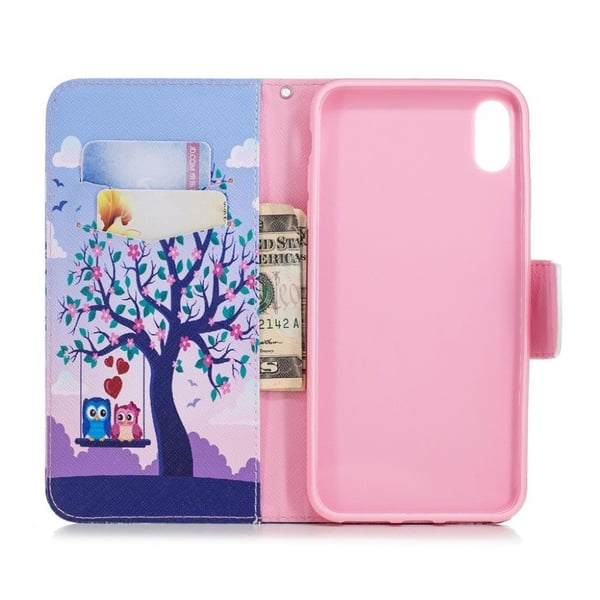 iPhone Xs Max flip cover i læder med mønsterprint - To Svingende Ugler