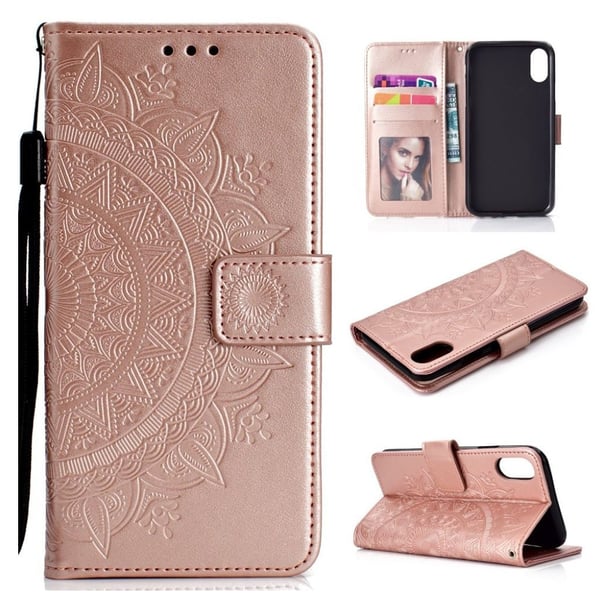 iPhone 9 Plus beskyttelses deksel av syntetisk skinn med mandala avtrykk - rose gull