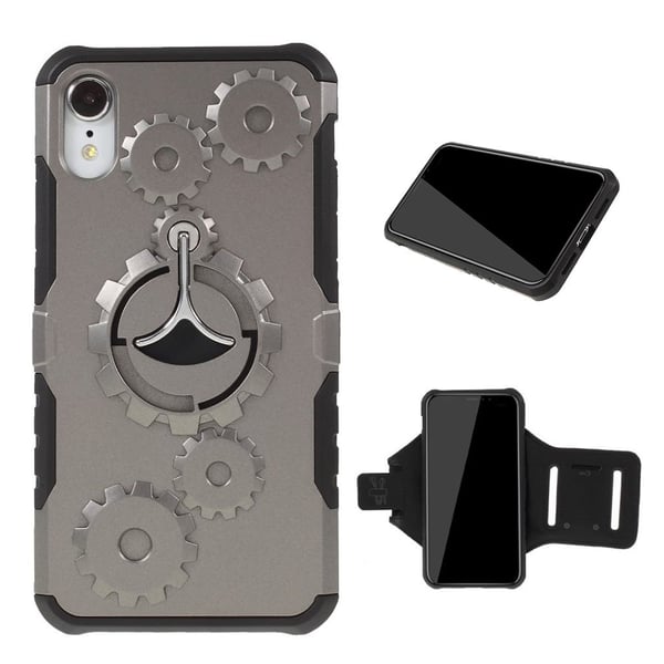 iPhone 9 beskyttelses deksel av hybrid materiale med mekanisk mønster og armbånd - grå