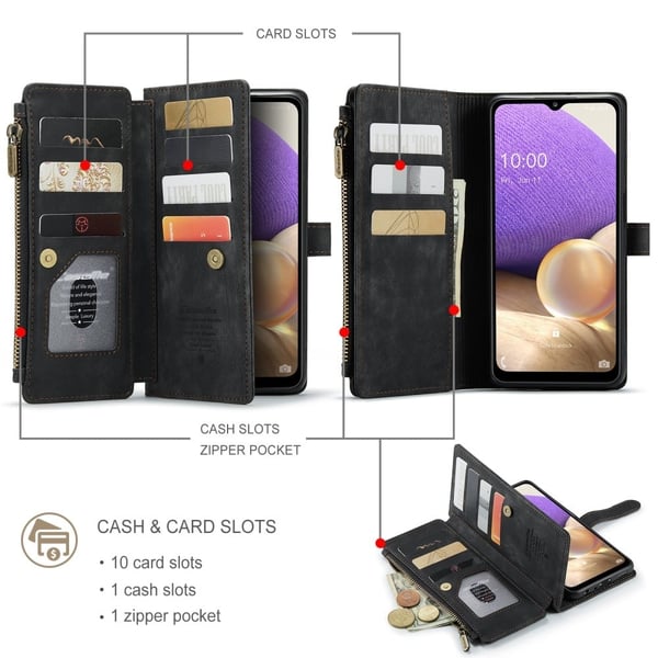 CaseMe telefonetui med glidelås og lommebok for Samsung Galaxy M32 5G / Samsung Galaxy A32 5G - Svart