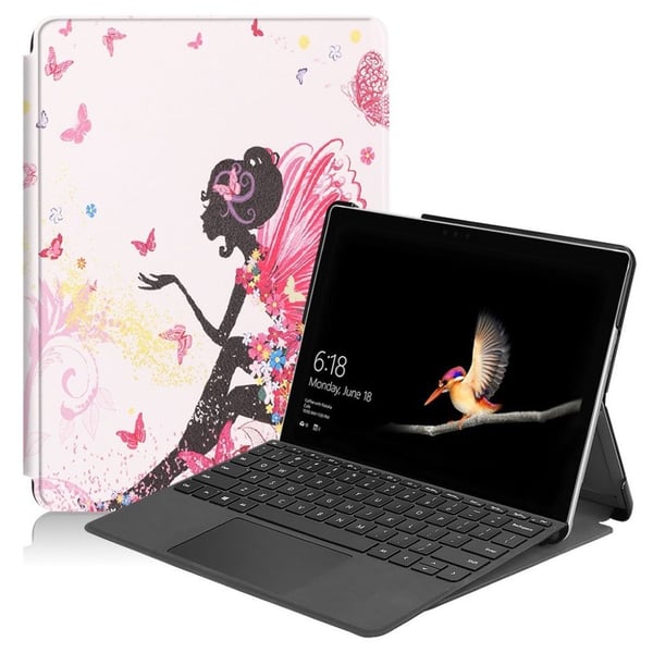 Microsoft Surface Go 10 beskyttelsesetui i kunstlæder med mønster og stativ - Pige og sommerfugle