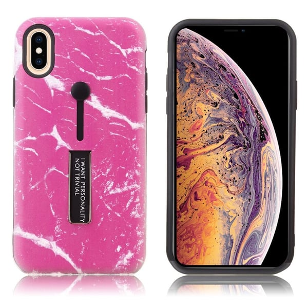 iPhone Xs Max beskyttelses deksel av plastikk og TPU med hevet marmor printet mønster - rose