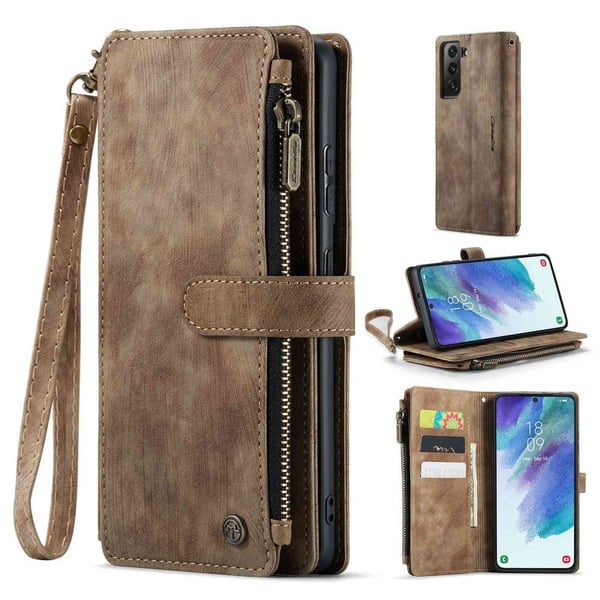 CaseMe telefonetui med glidelås og lommebok for Samsung Galaxy S21 FE - Brun