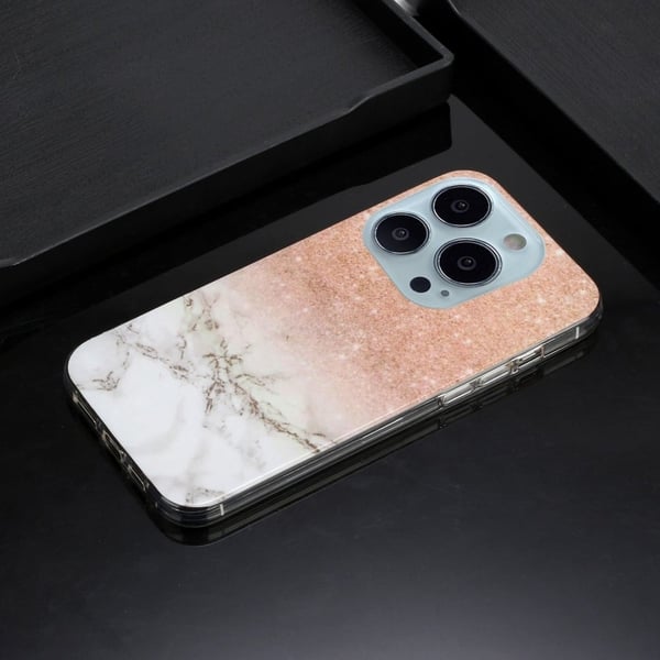 Marble iPhone 14 Pro Max Etui - Rose Gold Hvit Klinkekule