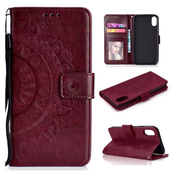 iPhone Xs Max flip cover i læder med Mandala-mønster - Brun