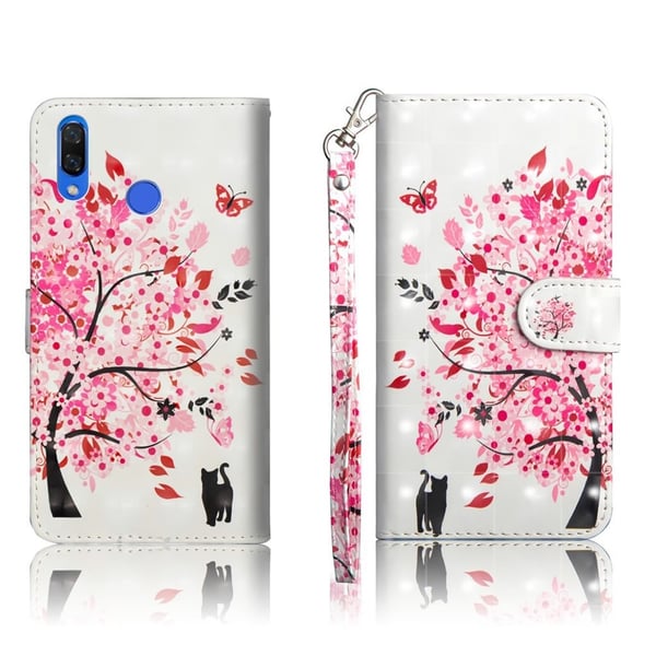 Huawei P Smart Plus mobiletui i kunstlæder med mønster og bærestrop - Blomstertræ og kat Huawei P Smart Plus mobiletui i kunstlæder med mønster og bærestrop - Blomstertræ og kat