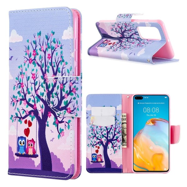 Wonderland Huawei P40 flip etui - Træ og et uglepar