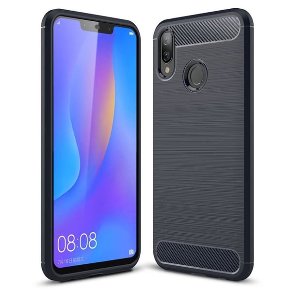 Huawei P Smart Plus beskyttelsesetui i silikone med børstet overfalde og carbon tekstur - Mørkeblå