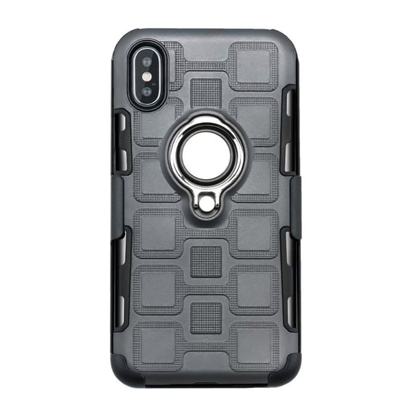 iPhone XS hybrid plast mobilskal med fingerring och metall magnet platta samt geometriskt mönster - Grå