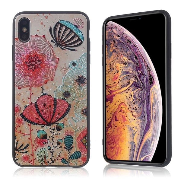 iPhone Xs Max beskyttelses deksel av TPU med hevet printet mønster - fargerik plante