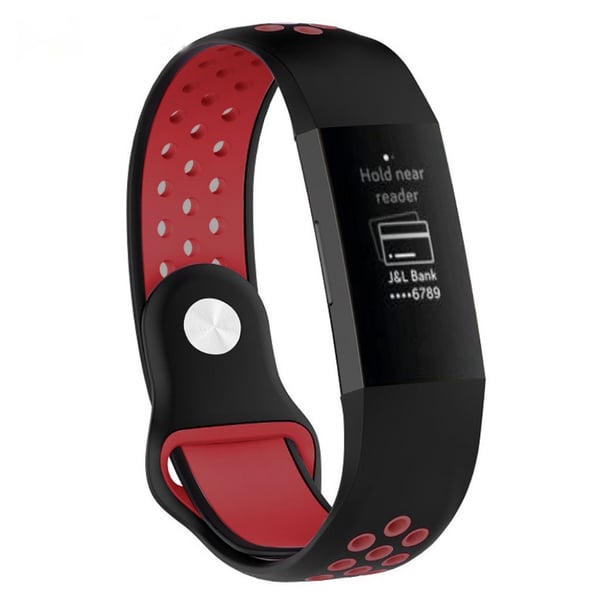 Fitbit Charge 3 erstatnings urrem i silikone med flerfarvet design - str. L, Sort/Rød Fitbit Charge 3 erstatnings urrem i silikone med flerfarvet design - str. L, Sort/Rød