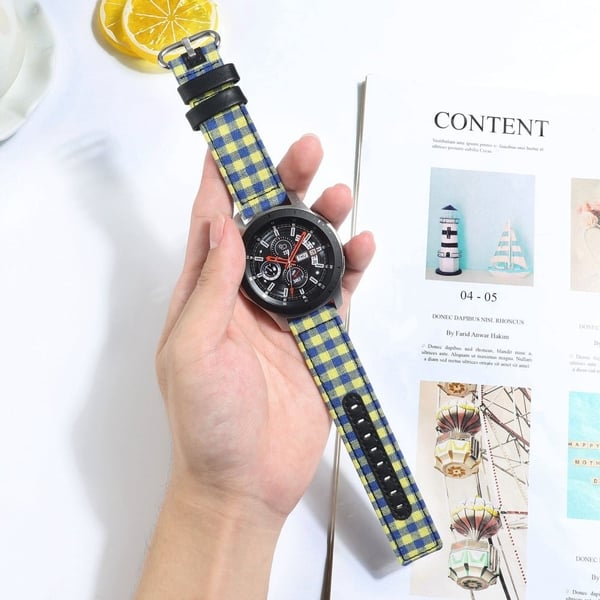 Samsung Galaxy Watch 5 / 5 Pro ruudullinen nylon nahkaranneke - Sininen / Keltainen Ruutu