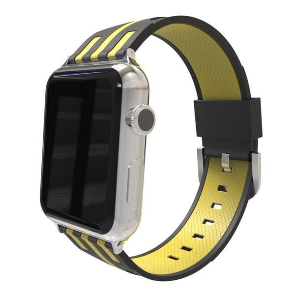 Apple Watch Series 4 44mm tyylikäs raidallinen kaksi värinen silikooni muovinen ranneke metalli soljella - Musta/ Keltainen