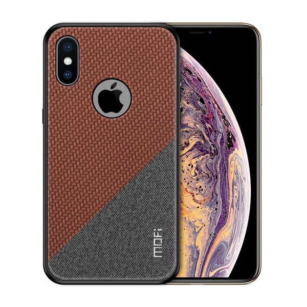 iPhone XS kaksisävyinen MOFI hybriidi muovinen suojakuori kudotulla synteetti nahalla - Ruskea