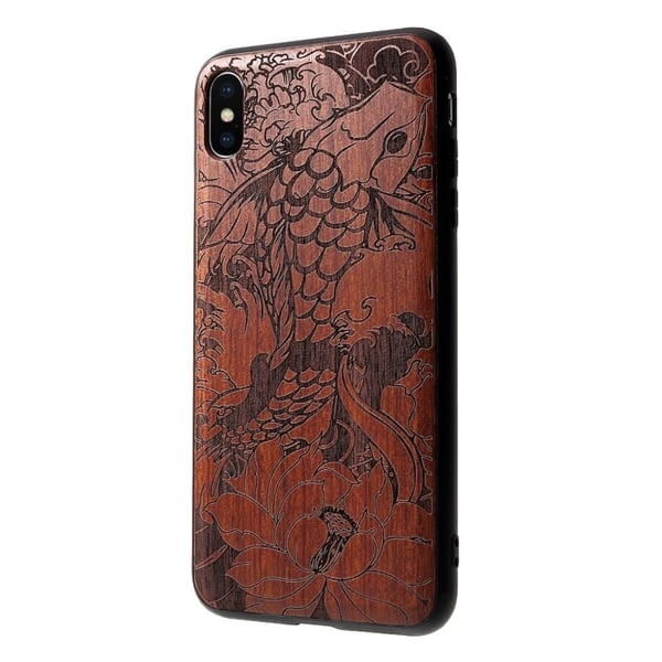 iPhone Xs Max beskyttelses deksel av TPU og tre med utskjært mønster - fisk og lotus