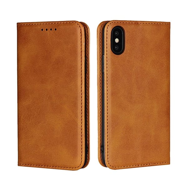 iPhone XS auto-absorberende flip etui i læder - Brun
