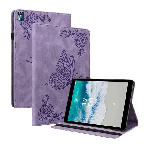 Lærveske med sommerfuglblomstermønster til Nokia T10 (2022) - Lilla