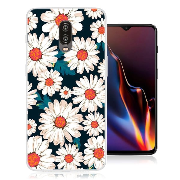 OnePlus 6T beskyttelses deksel av TPU med printet mønster - hvit prestekrage