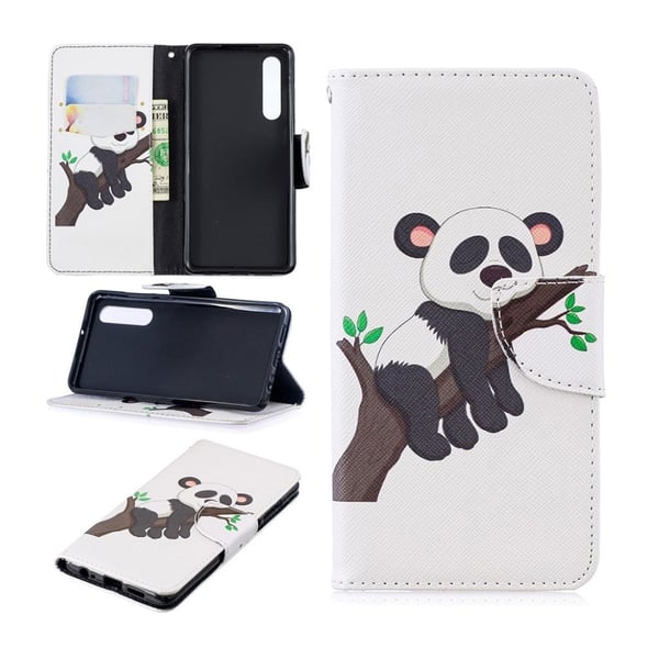 Huawei P30 mønstret læder flip etui - Panda Klatrer Træ