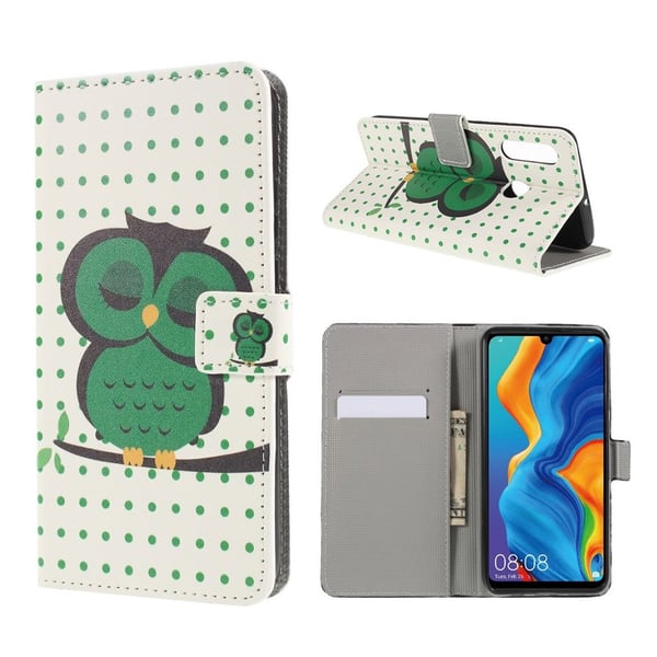 Huawei P30 Lite kuvioitu nahkainen flip suojakotelo - Nukkuva Pöllö