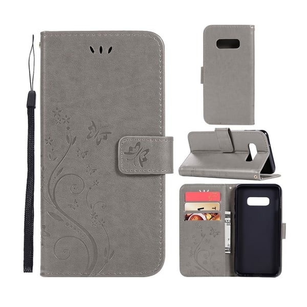Samsung Galaxy S10 Plus sommerfugle- og blomstertryk læder flip etui - Grå Samsung Galaxy S10 Plus sommerfugle- og blomstertryk læder flip etui - Grå