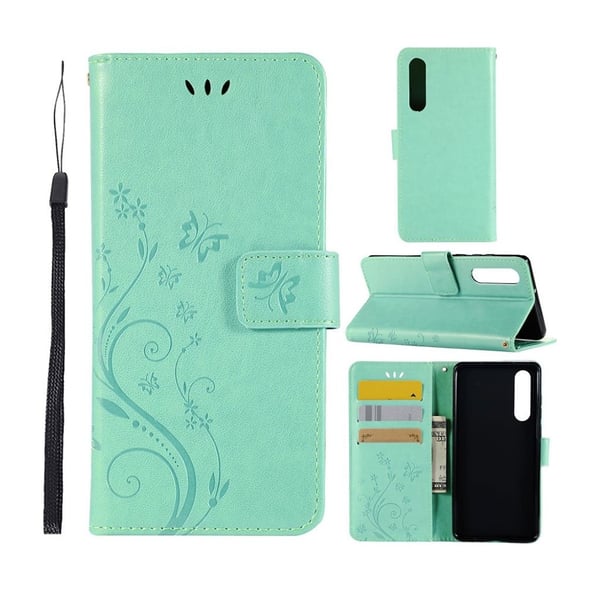 Huawei P30 sommerfugle- og blomstertryk læder flip etui - Cyan