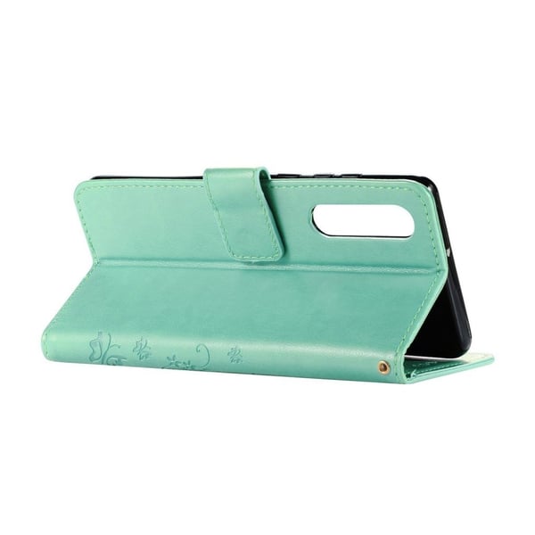 Huawei P30 sommerfugle- og blomstertryk læder flip etui - Cyan