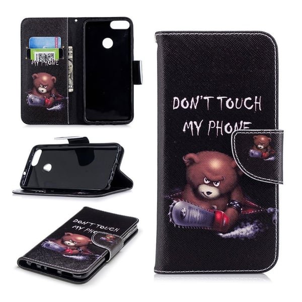 Huawei P Smart Mønstret Lær Flip Etui - Bjørn Og Do Not Touch My Phone