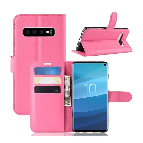 Samsung Galaxy S10 litchi skin læder flip etui - Rosa Samsung Galaxy S10 litchi skin læder flip etui - Rosa