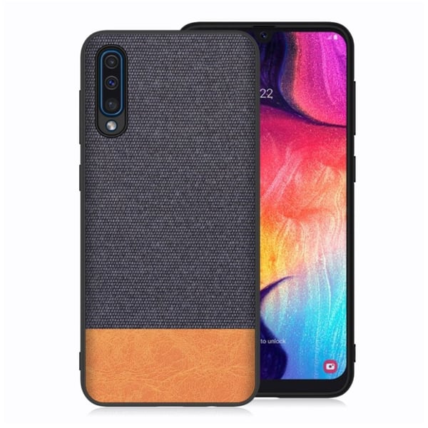 Samsung Galaxy A50 kankainen tekstuurikotelo - Tummansininen / Oranssi