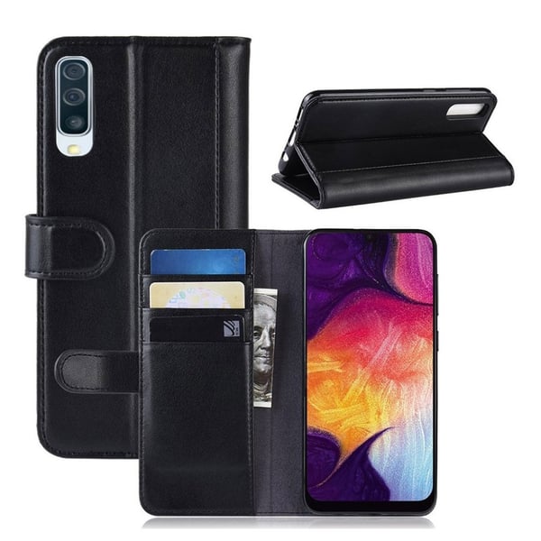 Samsung Galaxy A50 Lommeboketui Med Ekte Skinn - Svart
