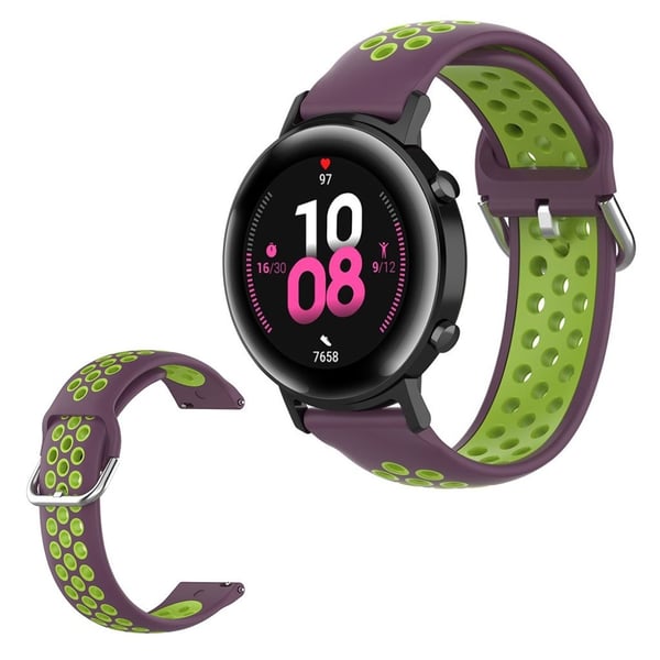 Amazfit Youth / Huawei Watch GT 2 42mm tofarget silikonklokkebånd - Lilla / Gulgrønn