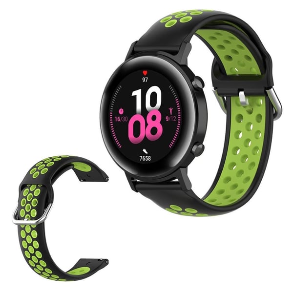 Amazfit Youth / Huawei Watch GT 2 42mm tofarget silikonklokkebånd - Svart / Gulgrønn