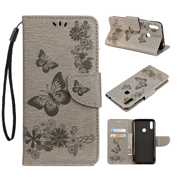 Huawei Y6 2019 forlaget butterfly læretui - Grå Huawei Y6 2019 forlaget butterfly læretui - Grå
