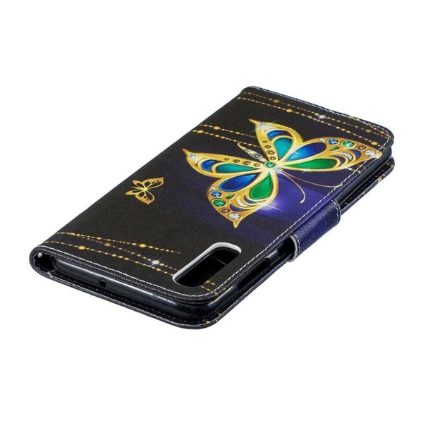 Samsung Galaxy A70 mønstret lædercover - farverig sommerfugl