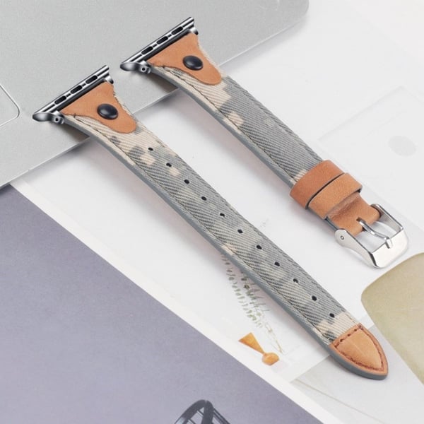 Apple Watch Series 5 / 4 40mm canvas urrem i ægte læder - Camouflage / Brun