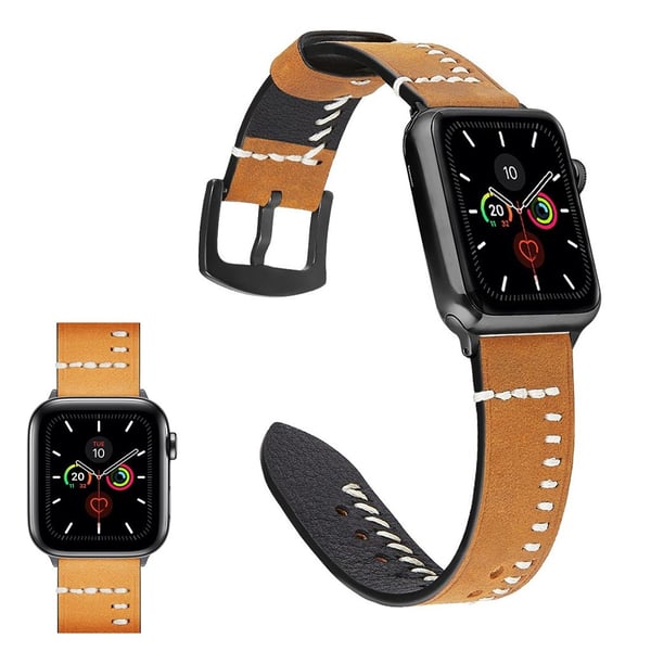 Apple Watch Series 5 / 4 44mm unik syet læderurrem - Gul Apple Watch Series 5 / 4 44mm unik syet læderurrem - Gul