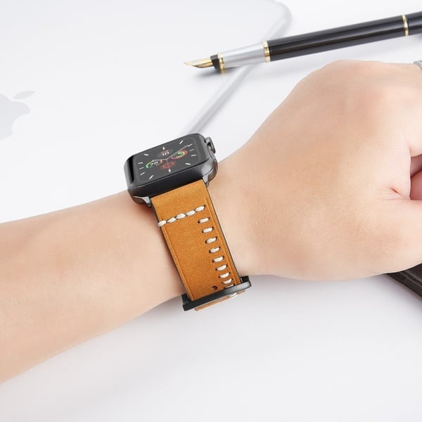 Apple Watch Series 5 / 4 44mm unik syet læderurrem - Gul
