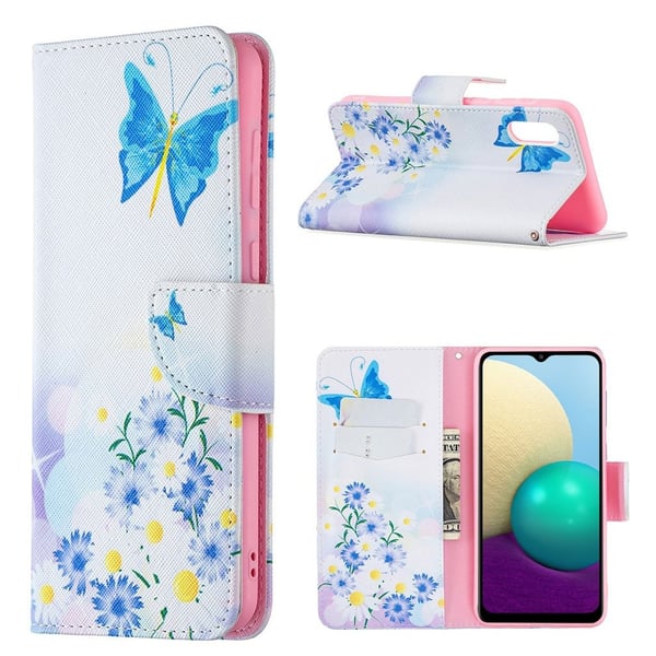 Wonderland Samsung Galaxy A02 flip-etui - Blå Sommerfugl Og Blomster