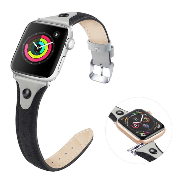 Apple Watch Series 5 / 4 44mm canvas urrem i ægte læder - Sort / Grå Apple Watch Series 5 / 4 44mm canvas urrem i ægte læder - Sort / Grå