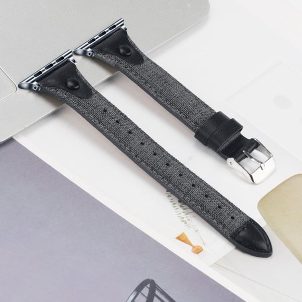 Apple Watch Series 5 / 4 40mm canvas urrem i ægte læder - Grå / Sort