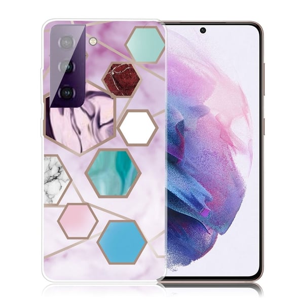 Marmori Samsung Galaxy S21 FE Suojakotelo - kuusikulmaiset sirpaleet violetissa värissä