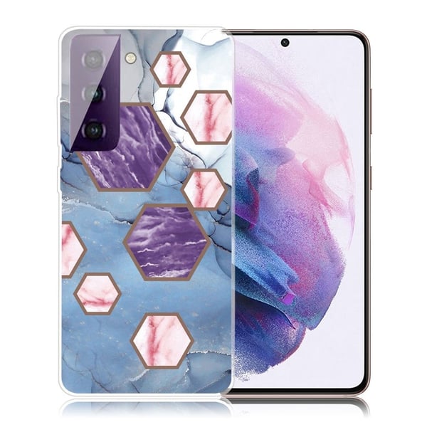 Marmori Samsung Galaxy S21 FE Suojakotelo - kuusikulmaiset sirpaleet Sinisellä