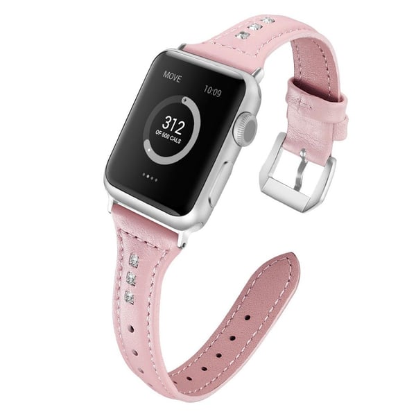Apple Watch Series 5 44mm Krystall Ekte Skinn Klokke Armbånd - Rose Gull