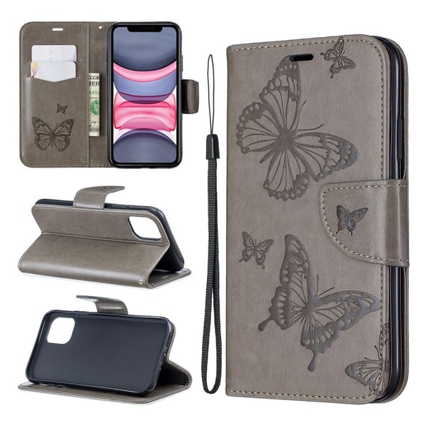 Butterfly läder iPhone 11 fodral - Silver/Grå